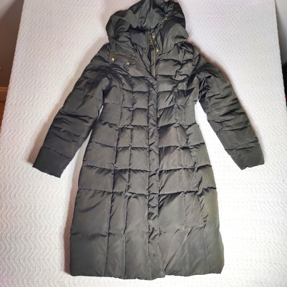 Cole Haan Womens 40" Signature Hooded Taffeta Down Coat Box Quilted Green Size M - Picture 1 of 16